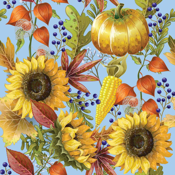 Pumpkins and Sunflowers on Blue 100% Cotton Fabric