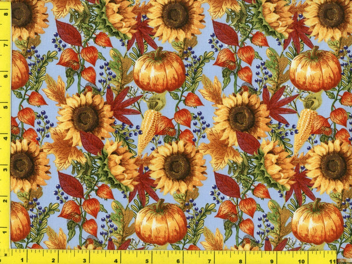 Pumpkins and Sunflowers on Blue 100% Cotton Fabric