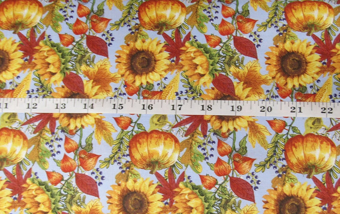 Pumpkins and Sunflowers on Blue 100% Cotton Fabric