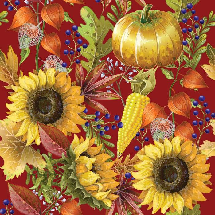 Pumpkins and Sunflowers on Burgundy 100% Cotton Fabric