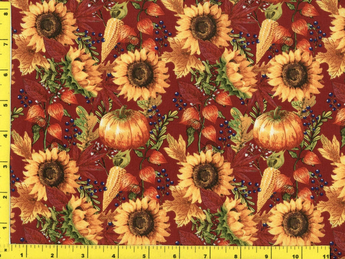 Pumpkins and Sunflowers on Burgundy 100% Cotton Fabric