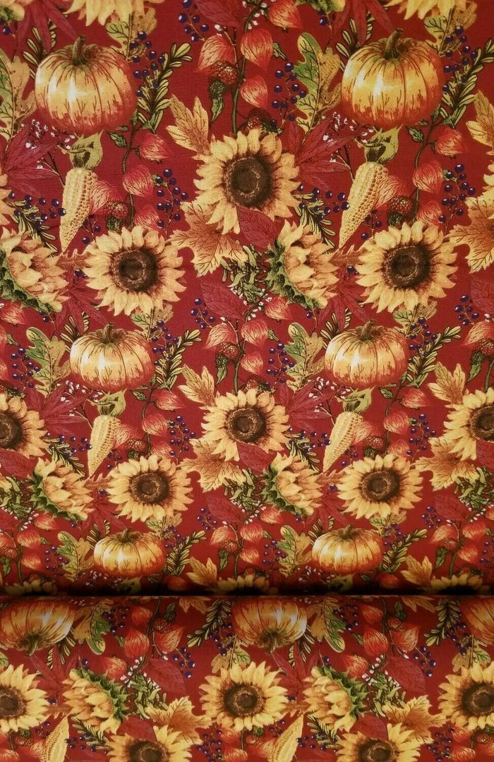 Pumpkins and Sunflowers on Burgundy 100% Cotton Fabric