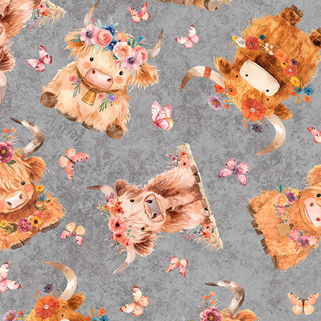 QT Fabrics Baby Highland Cows Gray Novelty 100% Cotton Price per Yard