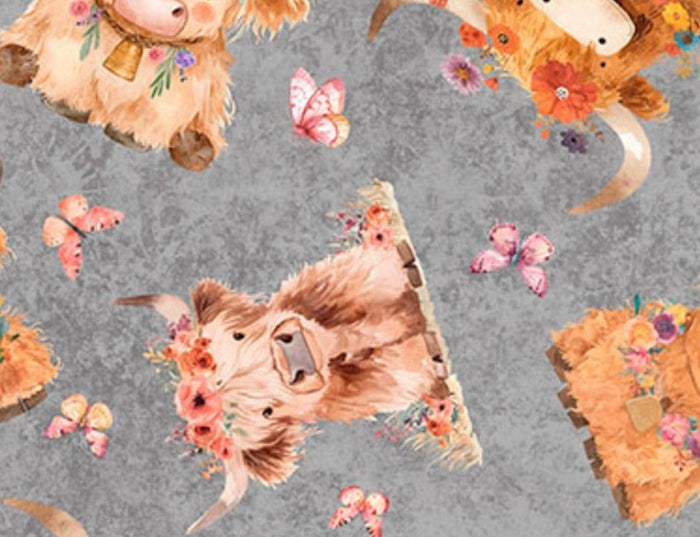 QT Fabrics Baby Highland Cows Gray Novelty 100% Cotton Price per Yard