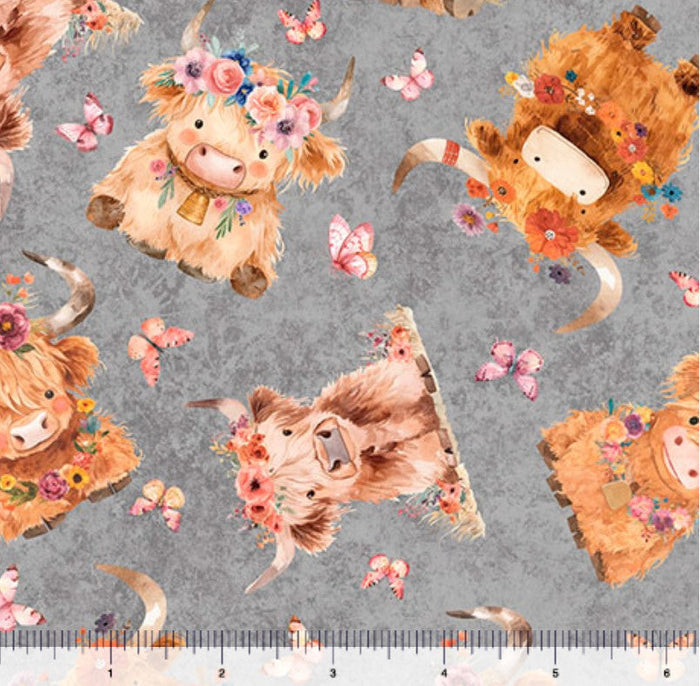 QT Fabrics Baby Highland Cows Gray Novelty 100% Cotton Price per Yard