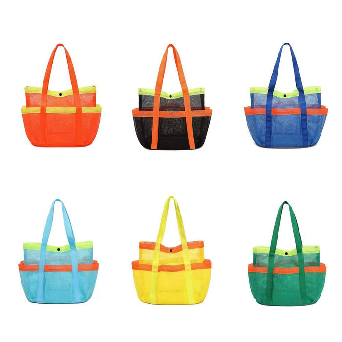 Six quick-drying polyester mesh beach bags in orange, black, blue, light blue, yellow, and green.