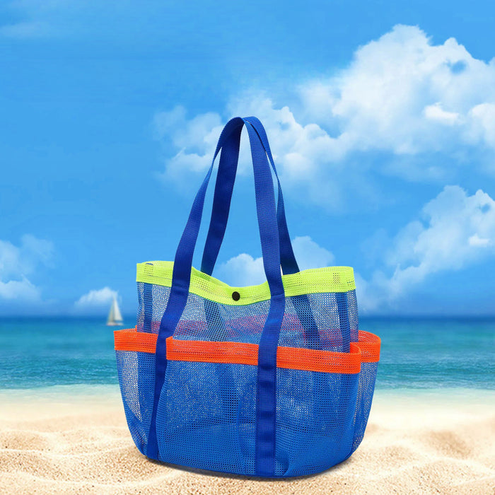 Angled view of Blue polyester mesh beach bag with lime green top trim, orange pockets, shoulder straps, and snap.