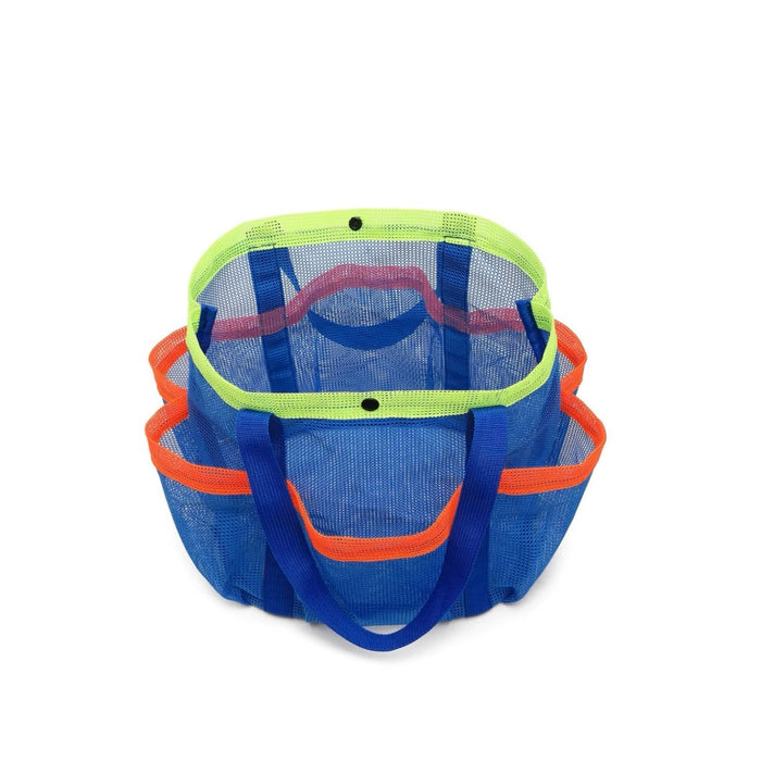 Close-up of Blue polyester mesh beach bag with neon green trim, orange pockets, shoulder strap, and snap closure.