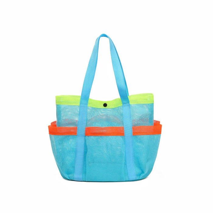 Angled view of Quick Drying Mesh Beach Bag in blue, great for everyday carry and travel.