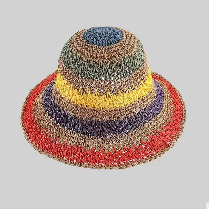 Front view of Rainbow Foldable Straw Hat in khaki, a portable sunhat designed for beach vacations and travel.