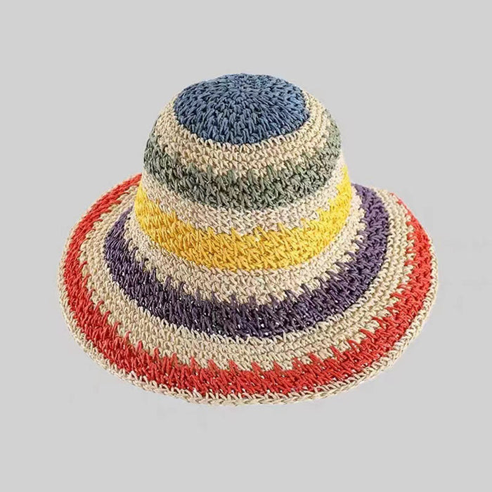 Front view of Rainbow Foldable Straw Hat in beige, showcases a colorful woven band on a natural straw base.