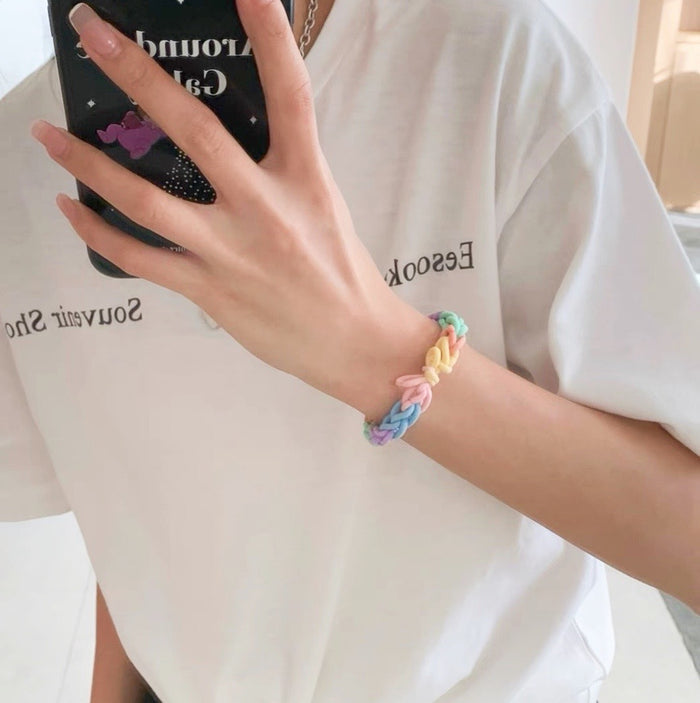 Model wearing a cream  hair ring , great for date nights and events.