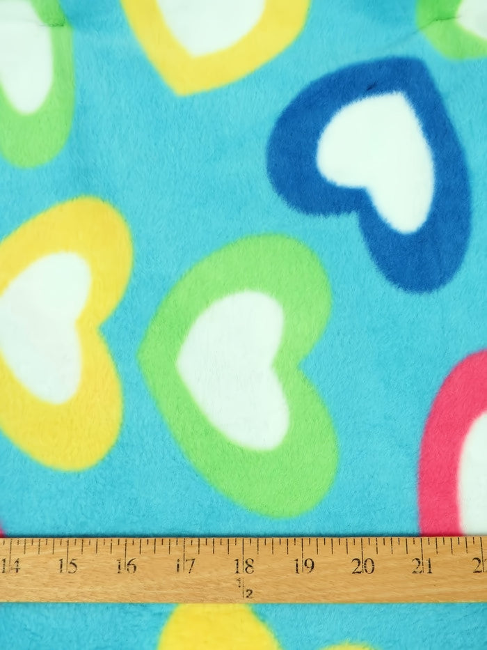Rainbow Love Hearts Turquoise Fleece Fabric