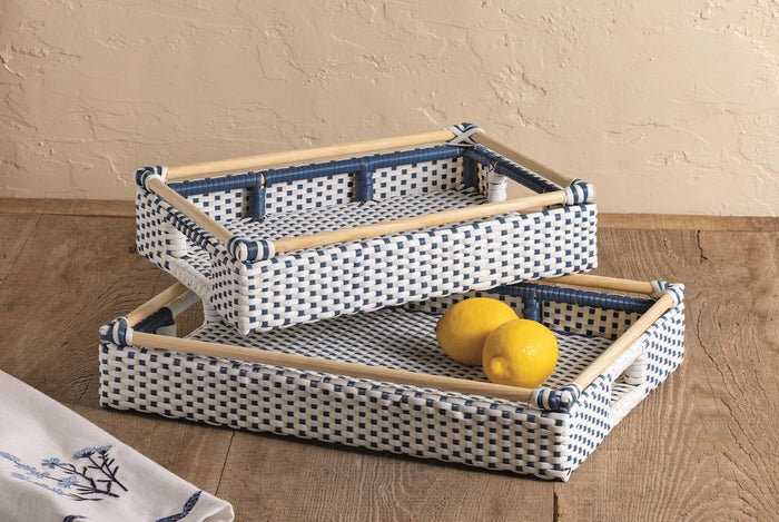 Rattan Plastic Blue White Tray - Madison's Niche