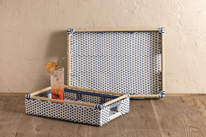 Rattan Plastic Blue White Tray - Madison's Niche