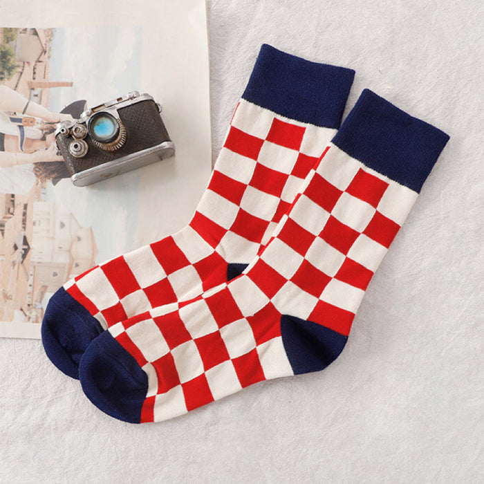 Front view of Red Checker Socks, easy to pack for travel and errands.