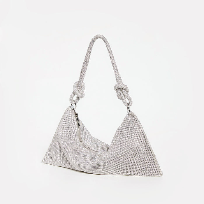 Front view of Silver rhinestone hobo bag with knotted shoulder strap.