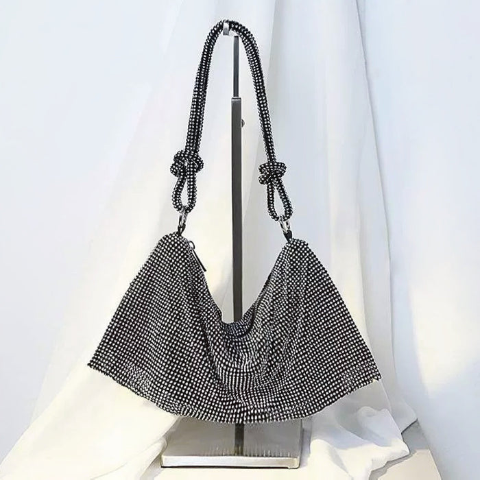 Flat lay of Rhinestone Hobo Bag in black, great for everyday carry and travel.
