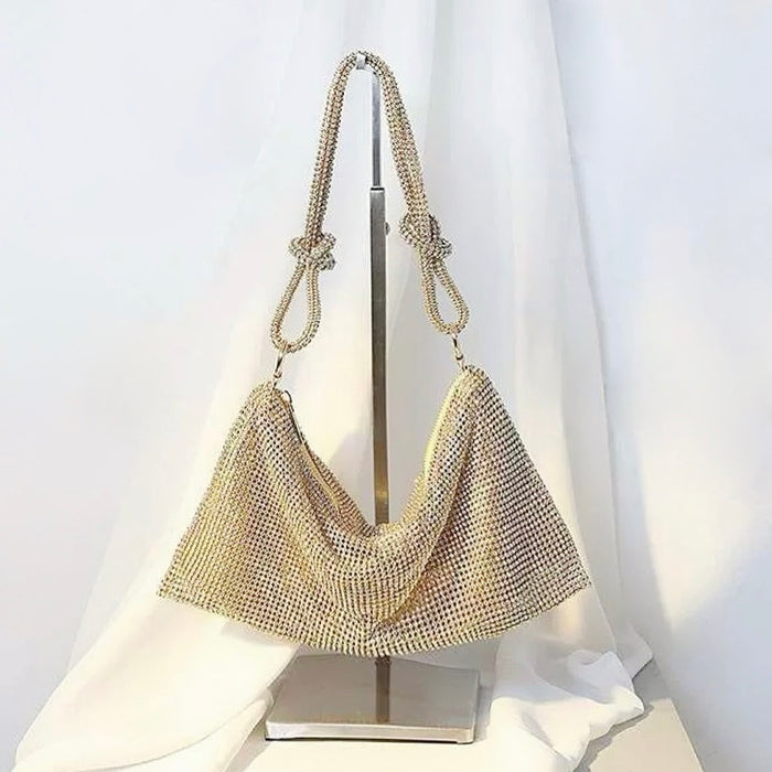 Folded view of Rhinestone Hobo Bag in golden, easy for commuting and weekends.
