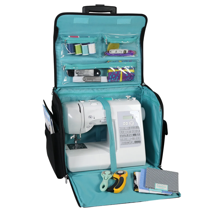 Rolling Sewing Machine Tote, Black & White Triangle Bag with Wheels & Telescoping Handle