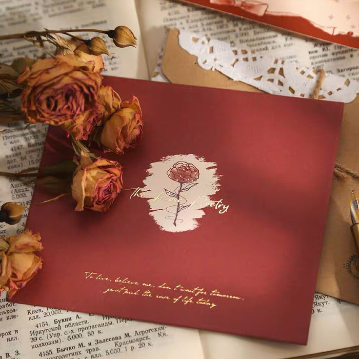 Angled view of Rose Poetry Greeting Card birthday card, easy for parties and everyday use.