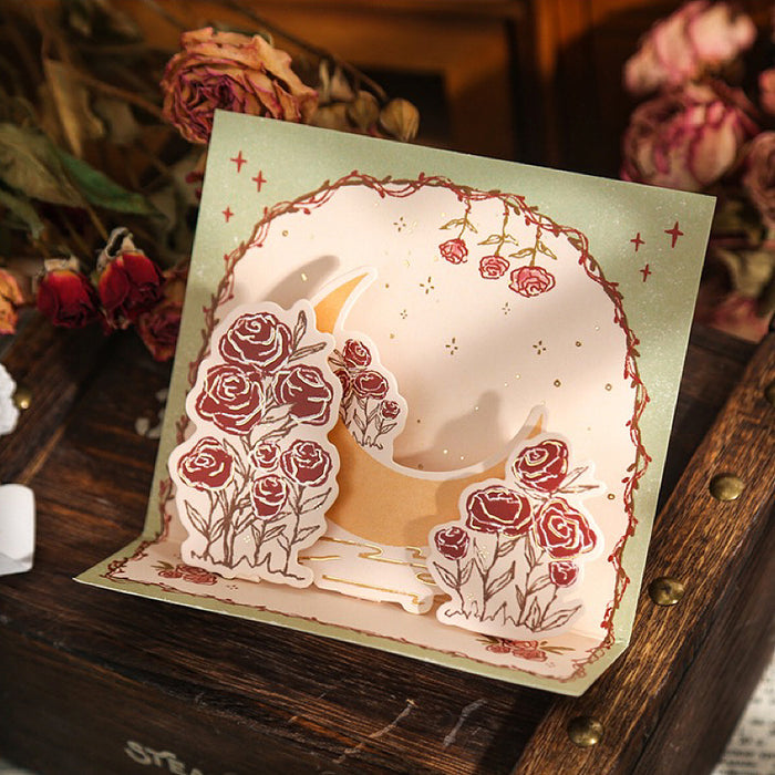 Flat lay  of Rose Poetry Greeting Card in moon pattern.