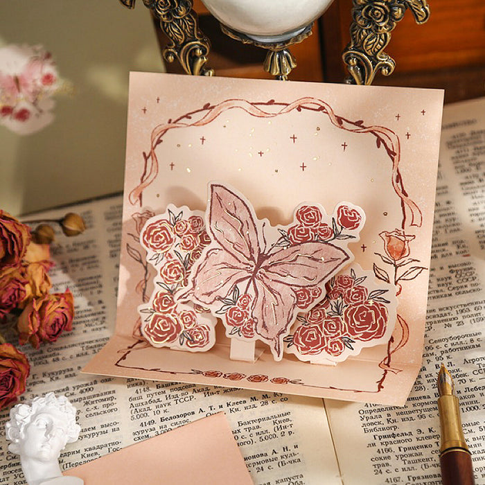 Close-up of Rose Poetry Greeting Card in butterfly pattern.