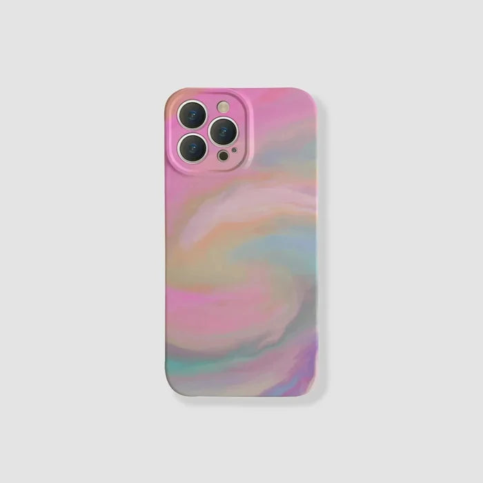 Rosy Dawn silicone case with a vibrant swirled pastel design. Precise camera cutouts for iPhone.