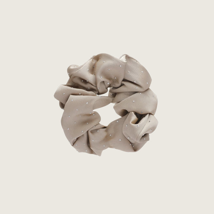 Flat lay of Satin Scrunchie With Rhinestones in khaki, great for everyday styling and gifting.