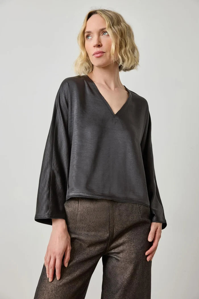 Satin V-Neck Dolman in Black - Madison's Niche