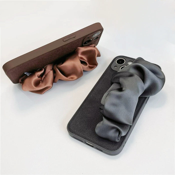 Front view of Brown Black Satin Wristband Case. High-fashion fabric strap for sophisticated style.