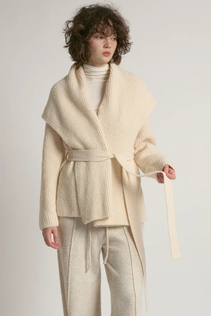 Shawl Collar Belt Cardigan in Ivory - Madison's Niche