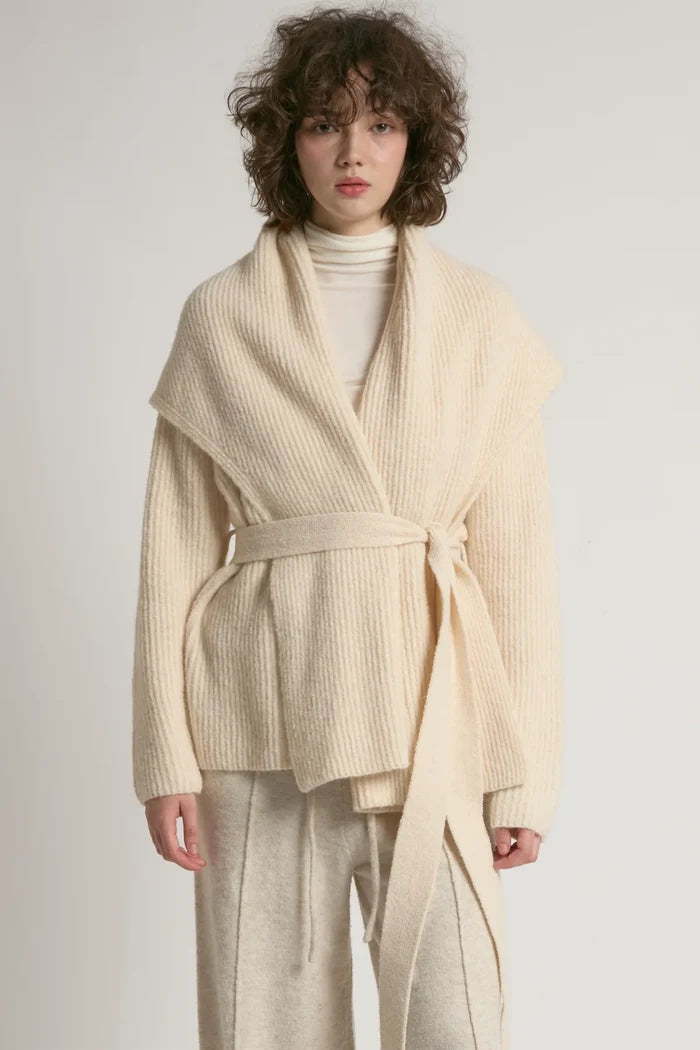 Shawl Collar Belt Cardigan in Ivory - Madison's Niche