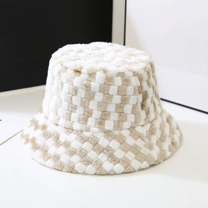 Front view of Sherpa Checkered Bucket Hat in khaki, features bold checkered pattern in premium plush sherpa.