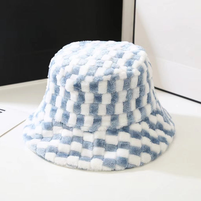 Front view of Sherpa Checkered Bucket Hat in blue, features bold checkered patterns in soft-touch winter fabric.