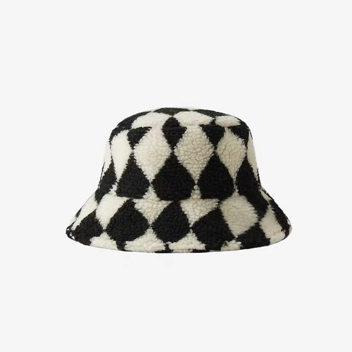 Front view of Sherpa Diamond Check Bucket Hat in black, displays intricate diamond patterns in insulating fabric.