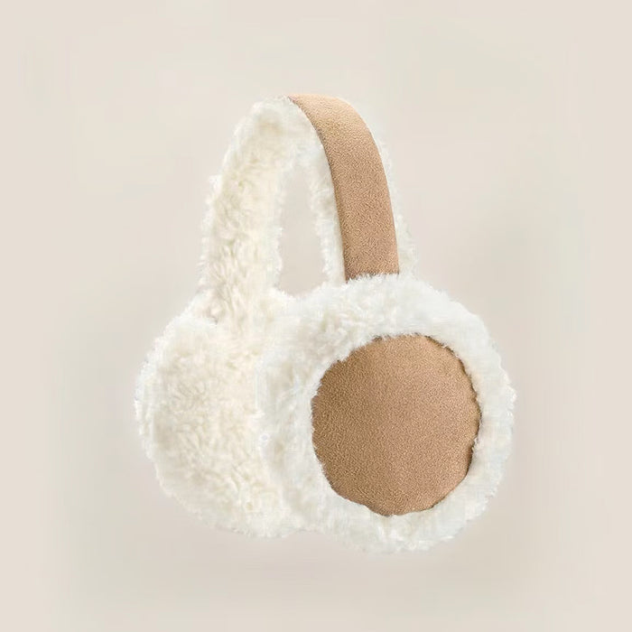 Front view of Cream sherpa earmuffs with a tan flannelette band and ear cups, perfect for winter warmth.