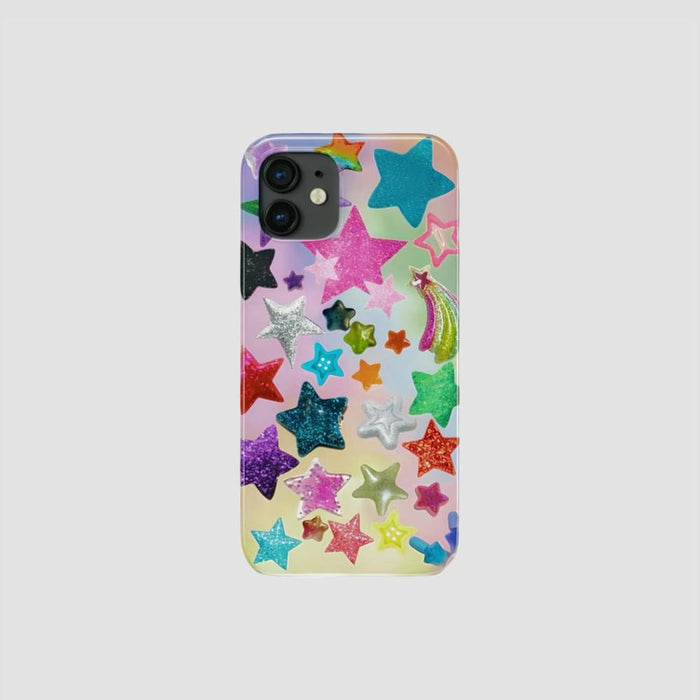 Shining Stars iPhone 11 case with colorful glitter stars and a shooting star design.