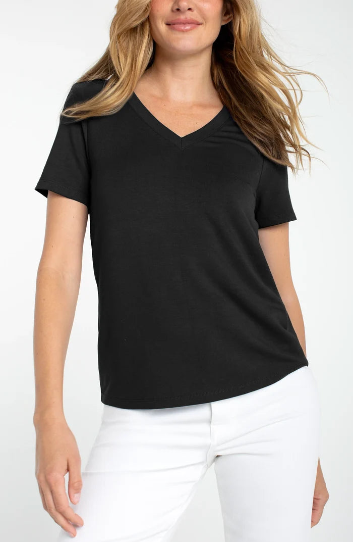 Short Sleeve V-neck Knit Tee in Black