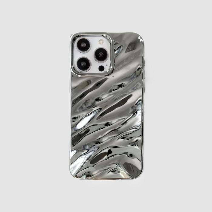 Silver glossy wave silicone iPhone case with a textured reflective surface.
