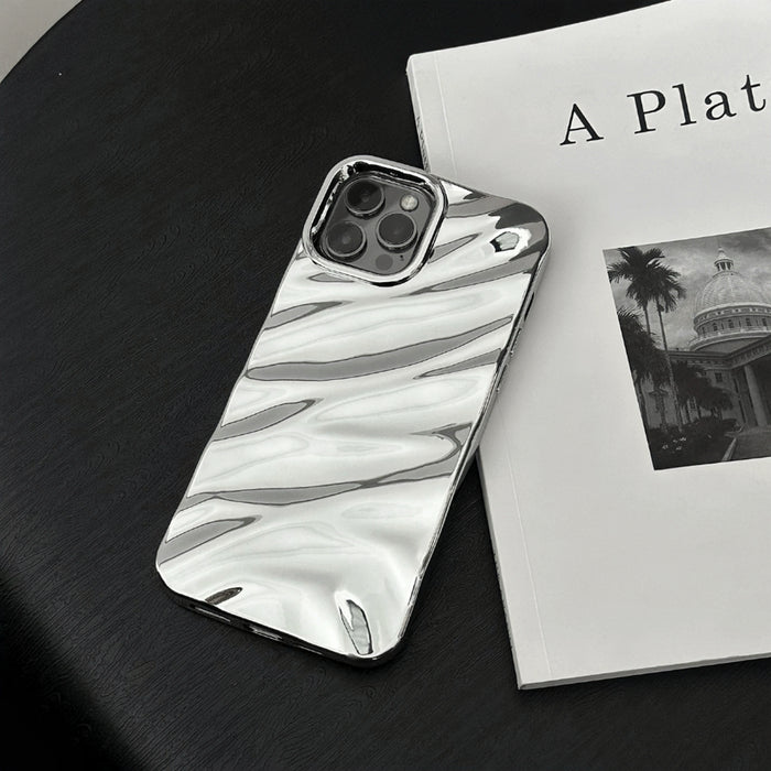 Front view of Silver Glossy Wave Case. High-gloss futuristic wave effect on flexible silicone.