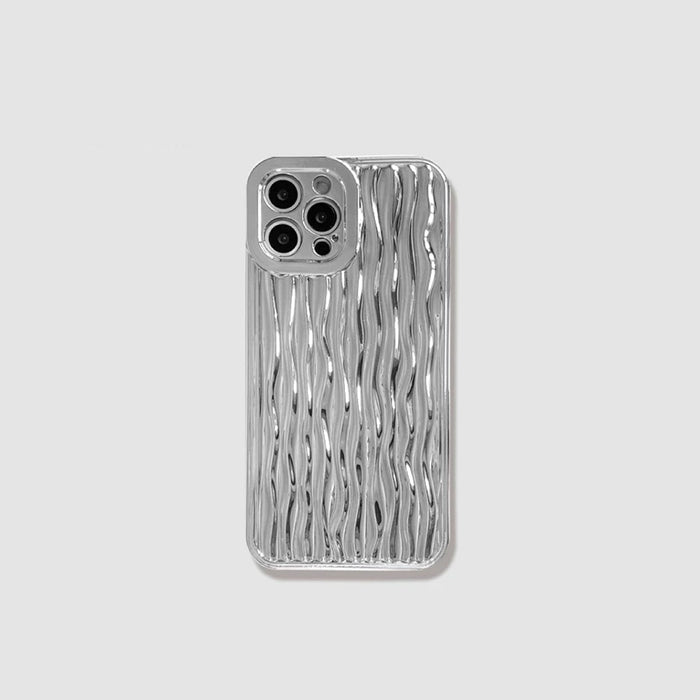 Silver silicone case with a water ripple texture and raised camera bezel for iPhone.