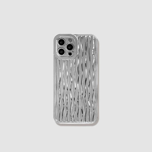 Silver silicone case with a water ripple texture and raised camera bezel for iPhone.
