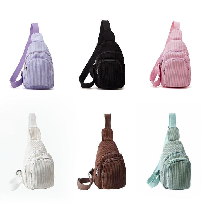 Front view of Six corduroy sling bags in purple, black, pink, off-white, brown, and mint green.