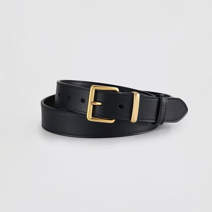 Front view of Black PU leather belt with a simple square gold buckle.