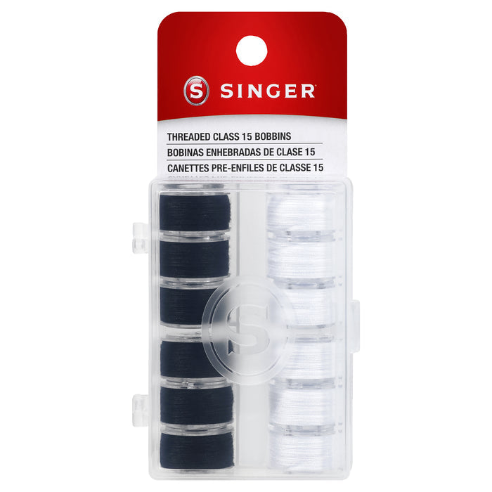 SINGER® Class 15 Threaded Bobbins with Storage Case 12- Pack Black & White