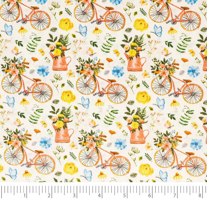 SINGER®  Fabric,  100% Cotton, 44 Inch Wide, Bikes And Gardening White, Cut by the Yard