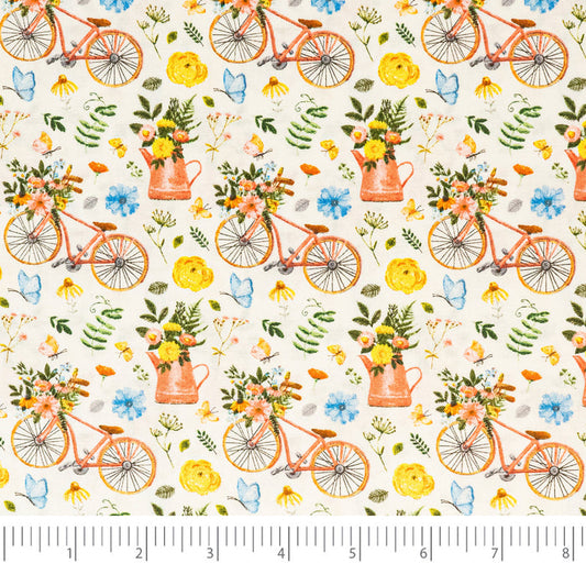 SINGER®  Fabric,  100% Cotton, 44 Inch Wide, Bikes And Gardening White, Cut by the Yard