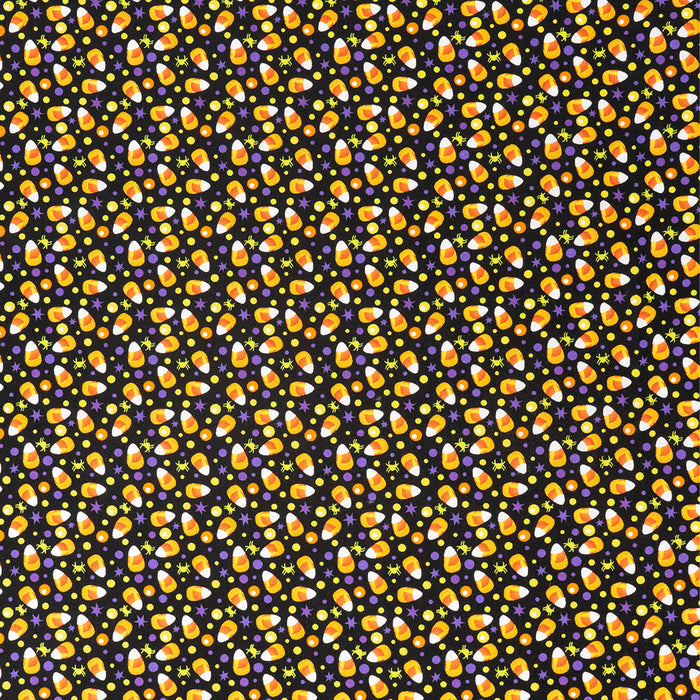 SINGER®  Fabric, 100% Cotton, 44 Inch Wide, Candy Corn And Purple Dots On Blk, Cut by the Yard