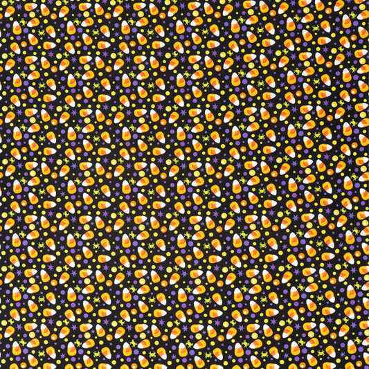SINGER®  Fabric, 100% Cotton, 44 Inch Wide, Candy Corn And Purple Dots On Blk, Cut by the Yard